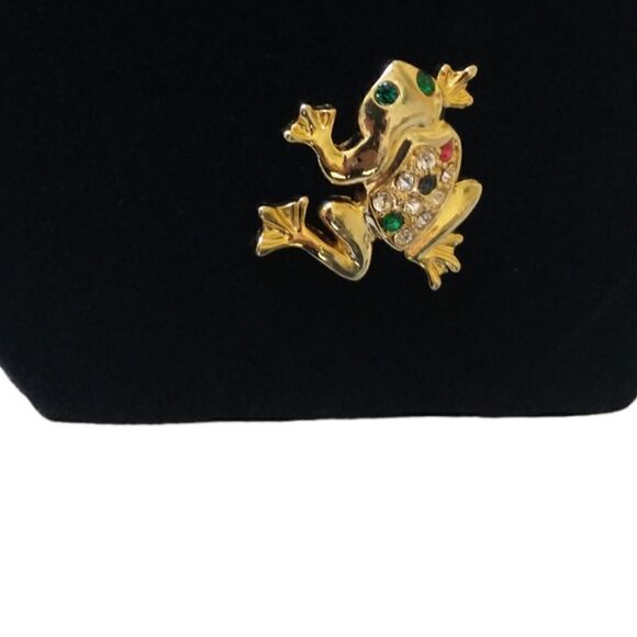 Vtg Frog Lapel Pin Rhinestones Gold Tone Tie Tack Toad Mini Brooch Shiny Estate. - Picture 4 of 14